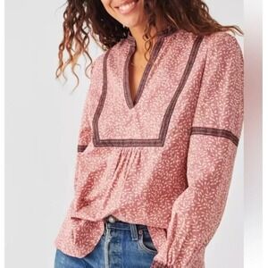 Faherty Aurora Top Large Mauve Leaf Batik Organic Cotton Boho Peasant Blouse